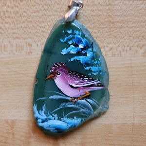 Green Agate Pendant With Painted Bird